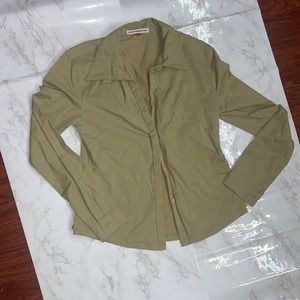 Green olive hidden button up collar Curvy tight blouse 90s Y2K